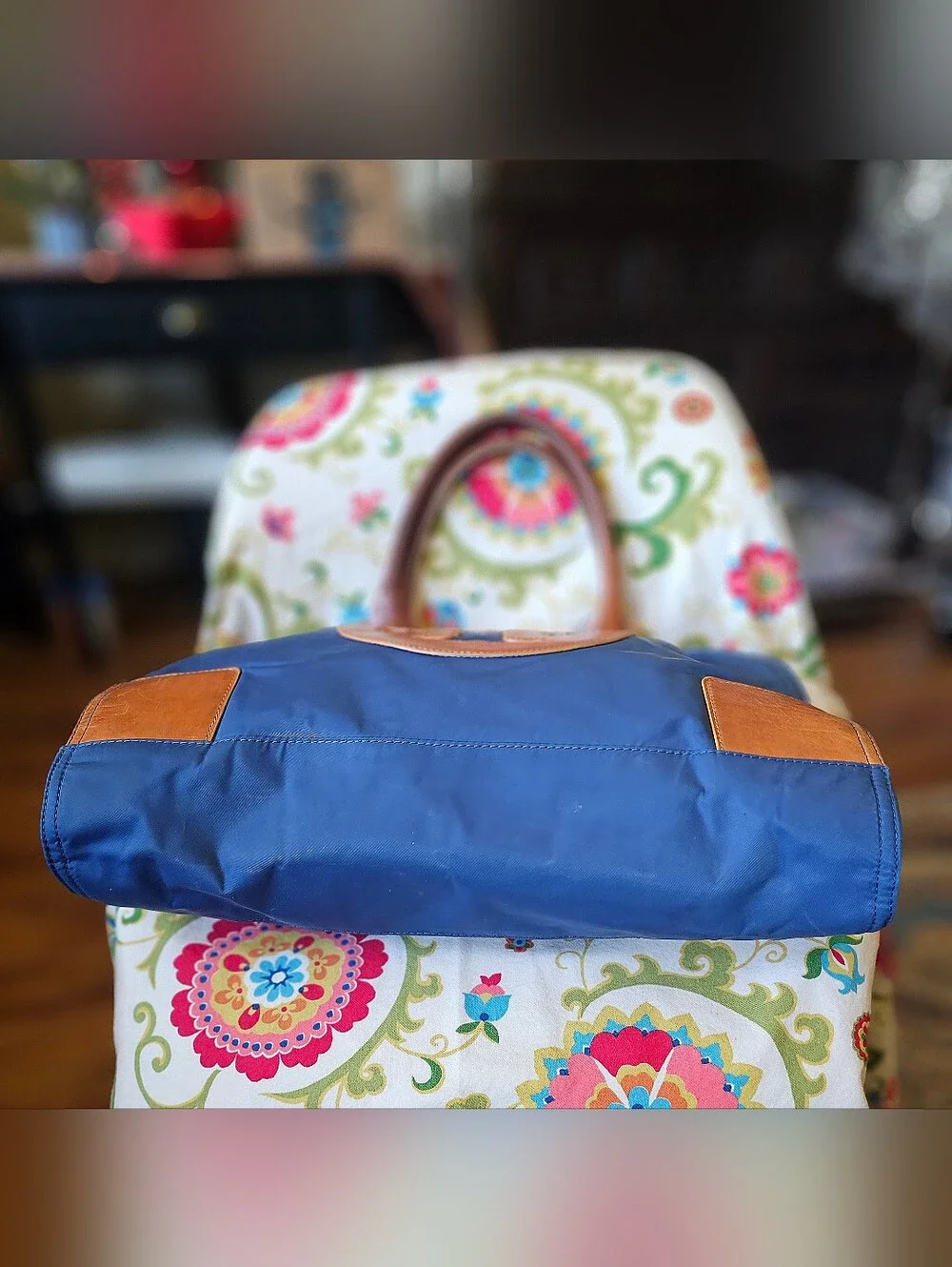 Tory Burch Blue Nylon Tote with Brown Leather Trim and Logo